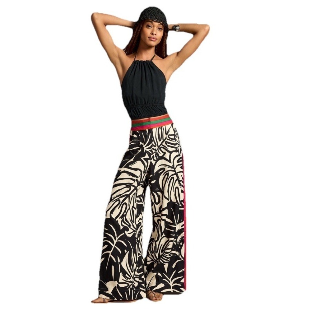 Sweet Rain Palazzo Wide Leg Lounge Beach Pants B&W Leaf w/‎ Bright Stripes XL